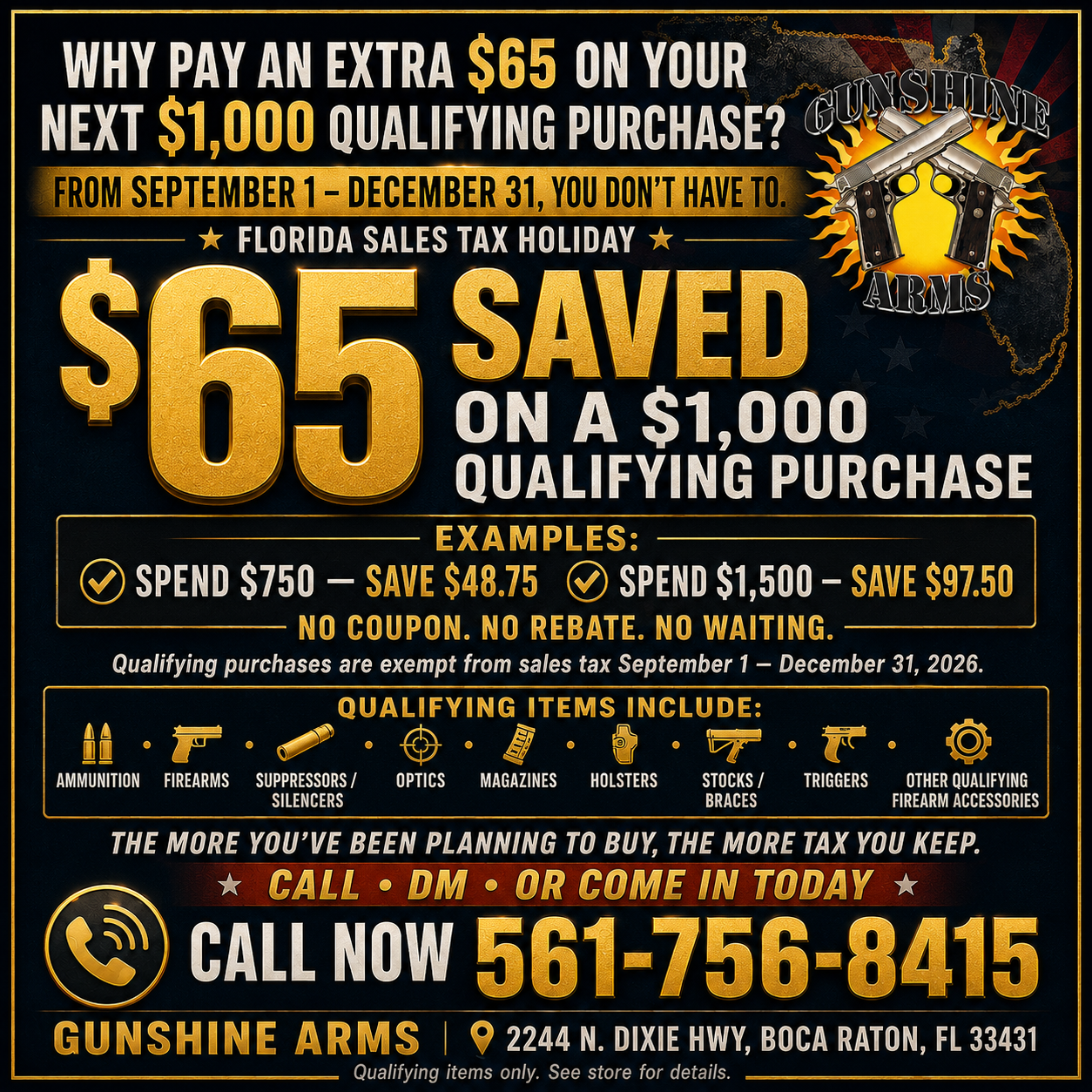 Florida Hunting Sales Tax Holiday 2026 promotion at Gunshine Arms — save sales tax on firearms, ammo, and accessories