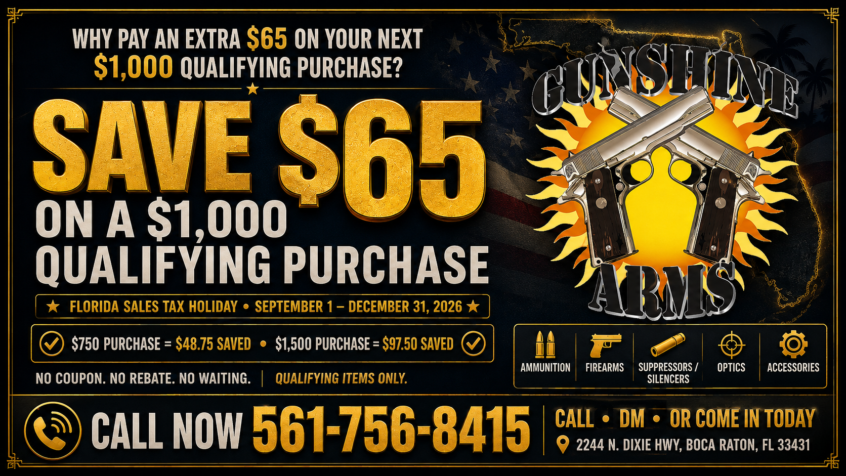 Florida Hunting Sales Tax Holiday 2026 promotion at Gunshine Arms — save sales tax on firearms, ammo, and accessories