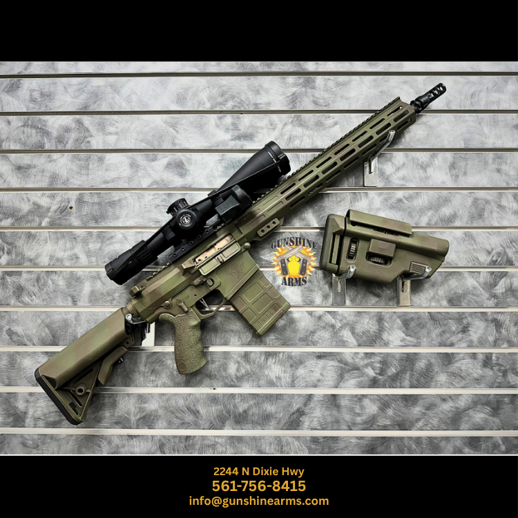 Custom .308 rifle for sale at Gunshine Arms — Blackhawk Custom Hera in OD green Cerakote with Leupold optic and included B5 stock