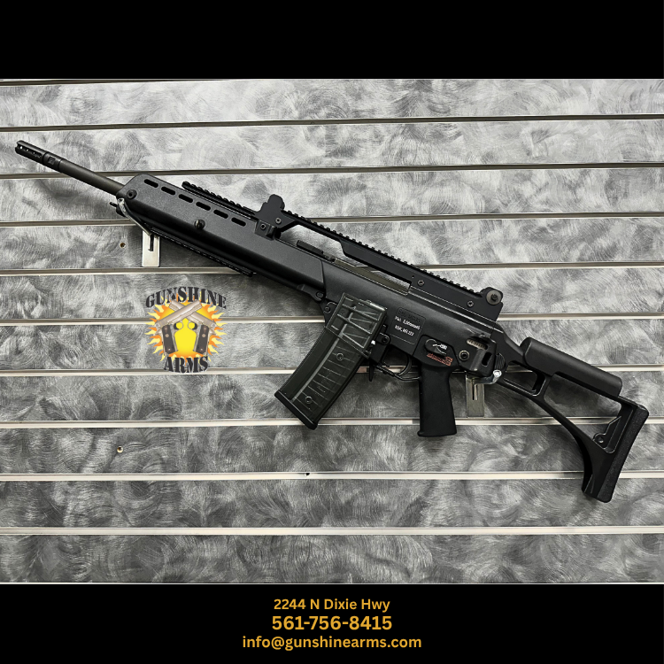 Semi-auto G36 rifle, Tommy Built conversion with genuine HK parts, left-side profile with folding stock extended