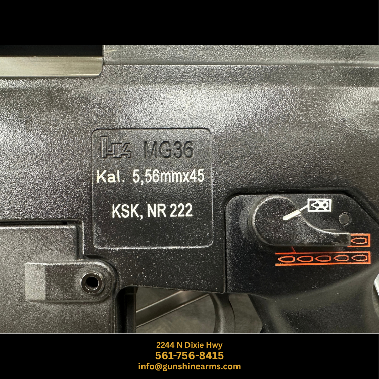 Semi-auto G36 rifle receiver marked HK MG36, Kal. 5,56mmx45, KSK NR 222, shown beside the semi-auto-only selector