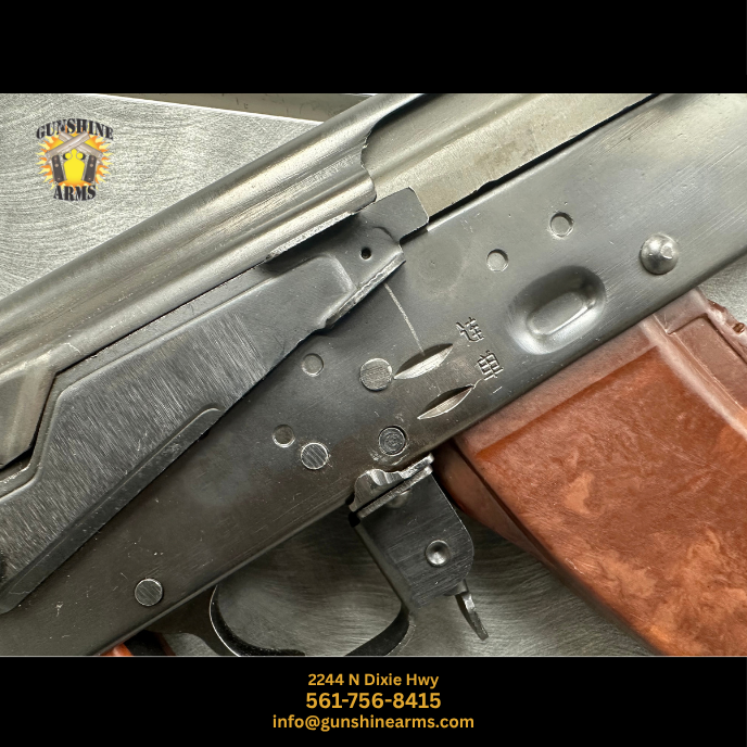 Hard Times Armory AKS Spiker receiver close-up showing the select-fire selector lever with Chinese fire-mode markings