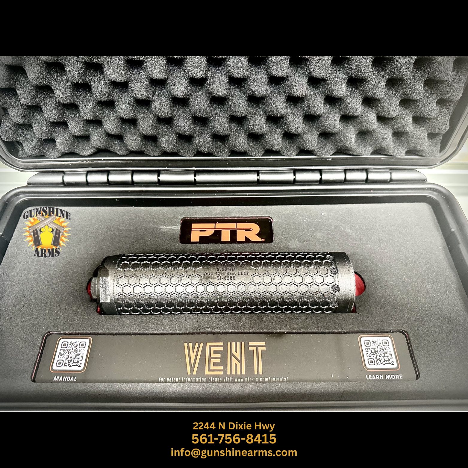 PTR dealer in Boca Raton – PTR VENT Spiritus 5.56i Inconel suppressor with hex-pattern finish in its PTR case