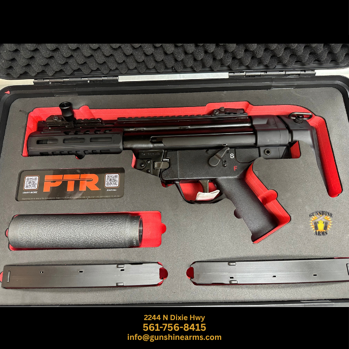 PTR dealer in Boca Raton – PTR 9SDM-B integrally suppressed 9mm SBR in its factory case with VENT SDM suppressor and two 30-round magazines