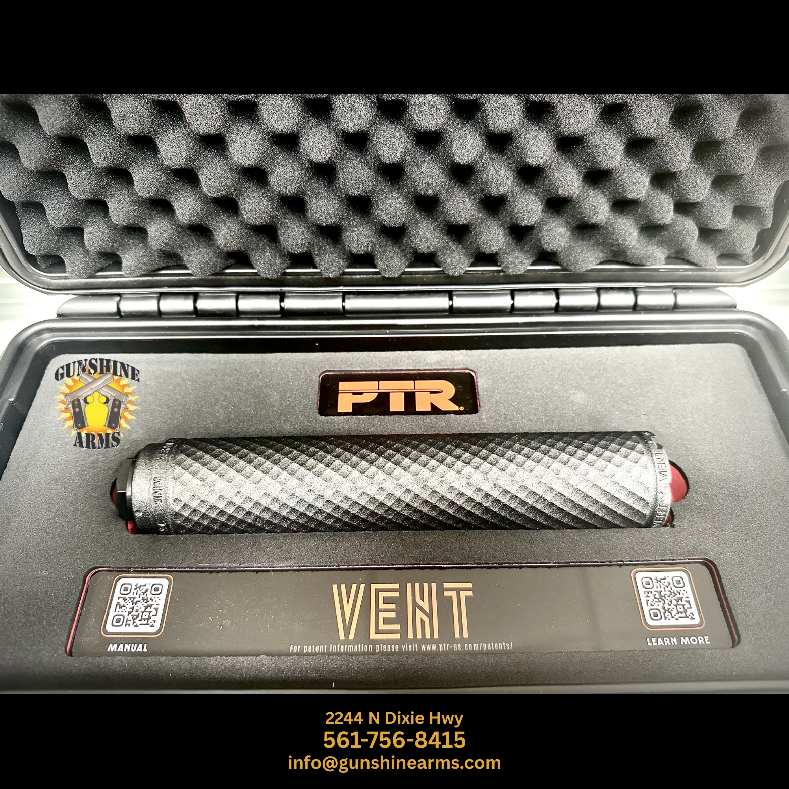 PTR dealer in Boca Raton – PTR VENT 2 titanium 9mm suppressor with diamond-texture finish in its PTR case