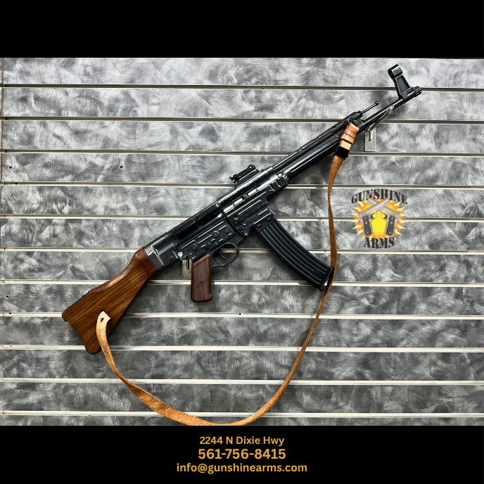 Semi-auto StG 44, SSD PTR44 8mm Kurz rifle, right side, with wood stock and leather sling on the Gunshine Arms wall