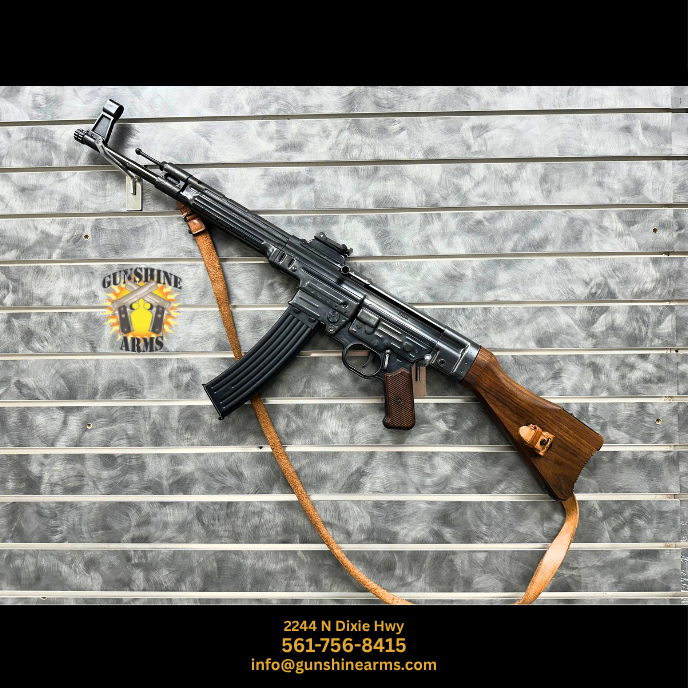 Semi-auto StG 44, SSD PTR44 rifle, left side, showing the curved magazine, wood grip, and hooded front sight