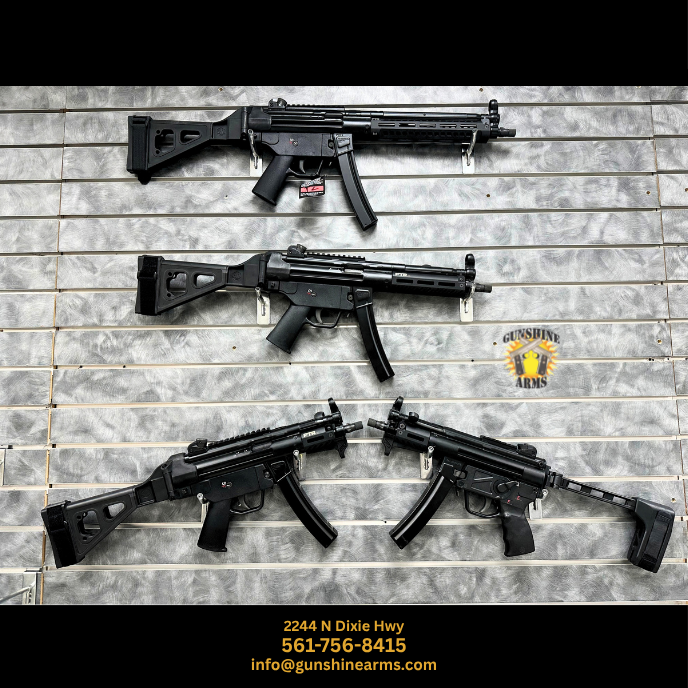 PTR dealer in Boca Raton – four PTR9 roller-delayed 9mm pistols with braces, full-size and K-style, displayed on the Gunshine Arms wall
