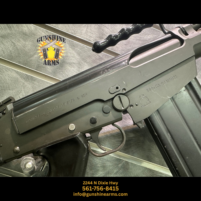 Springfield Armory SAR-48 receiver close-up with Springfield Armory Geneseo, IL USA roll mark and crossed-cannons 1005-SA-48-MATCH magazine well marking