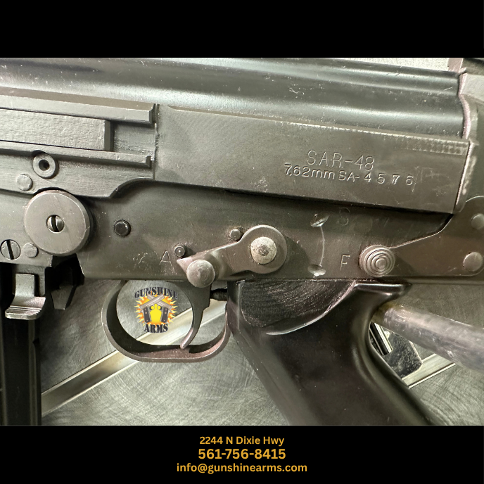 Springfield Armory SAR-48 left-side receiver close-up showing SAR-48 7.62mm marking and S-F-A three-position select-fire selector
