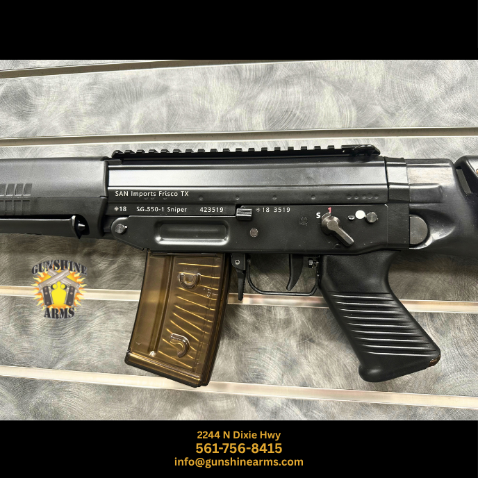 SIG 550 sniper rifle – close-up of SG 550-1 Sniper receiver marked SAN Imports Frisco TX, safety selector, pistol grip, and translucent SIG magazine
