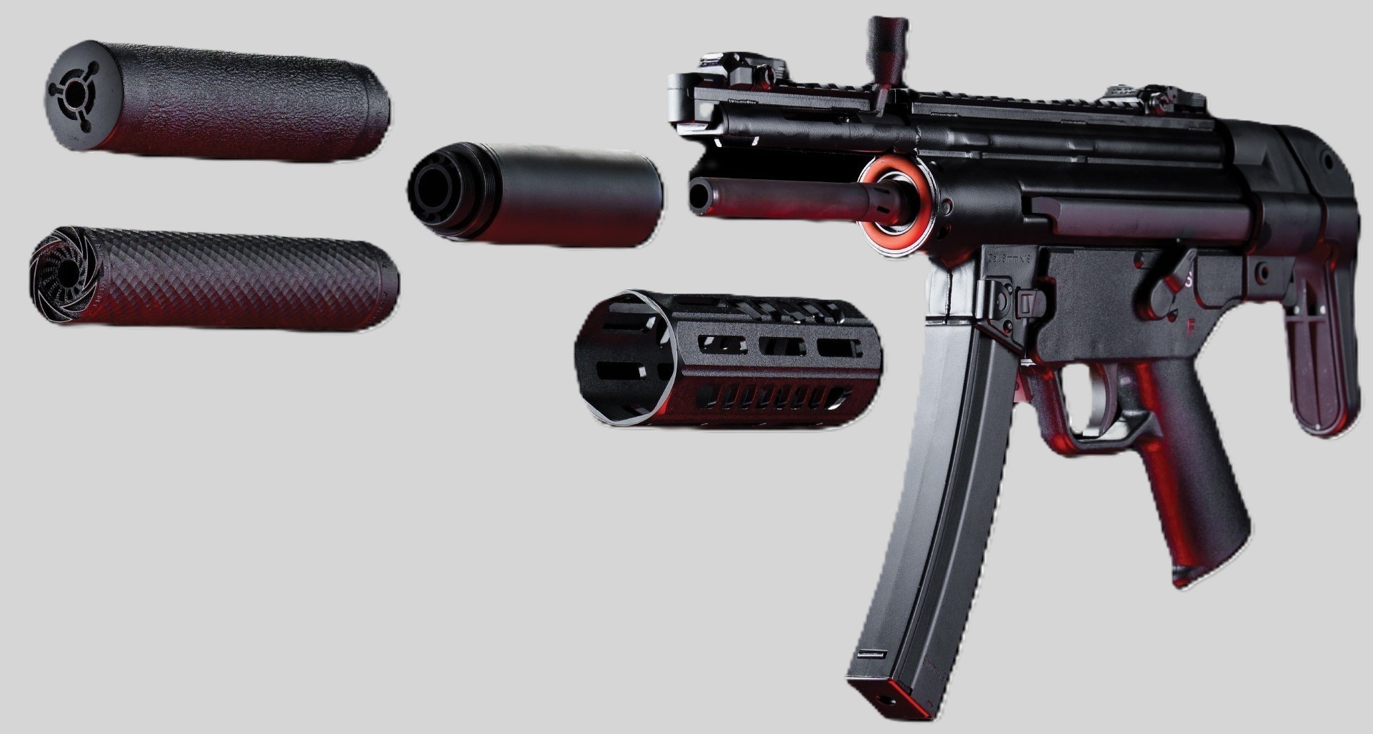 PTR dealer in Boca Raton – exploded view of the PTR 9SDM showing the ported barrel, USDA pre-suppressor, M-LOK handguard, and VENT SDM and VENT 2 suppressors